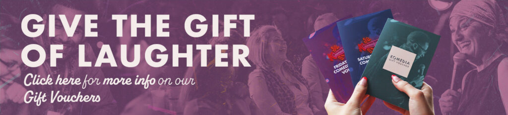 Give the gift of Laughter, 3 Komedia Gift Vouchers being held by hand