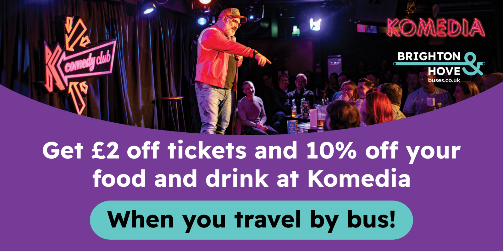 Travel by bus for discounted tickets at Komedia
